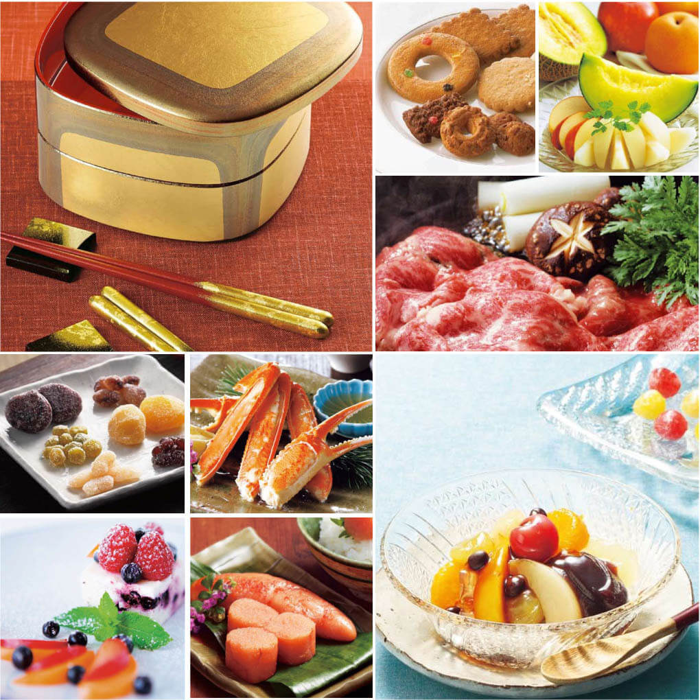 重箱や箸などの和の食卓アイテムに加え、和牛のすき焼き、かに、明太子、フルーツ、焼き菓子、和菓子、涼菓など、日本各地の美食を楽しめる香典返し向けカタログギフトの掲載イメージ。